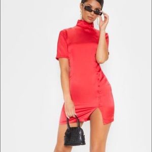 Red satin oriental-style dress.